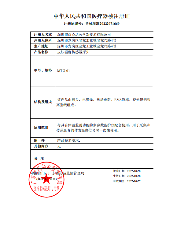 喜獲新證！益心達(dá)“皮膚溫度傳感器探頭”獲產(chǎn)品注冊(cè)證！準(zhǔn)入市場(chǎng)！