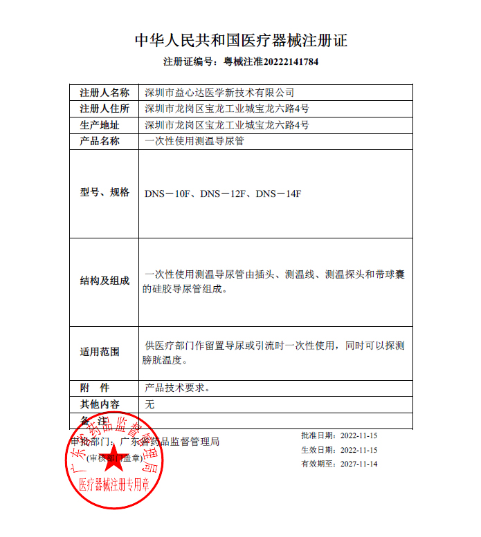 喜獲新證！益心達(dá)“一次性使用測溫導(dǎo)尿管”獲產(chǎn)品注冊證！準(zhǔn)入市場！